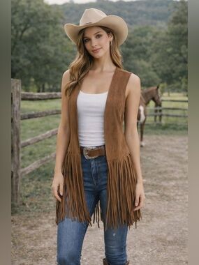 Le Château Brown Faux Suede Fringe Vest Size Medium Western Bohemian Festival
